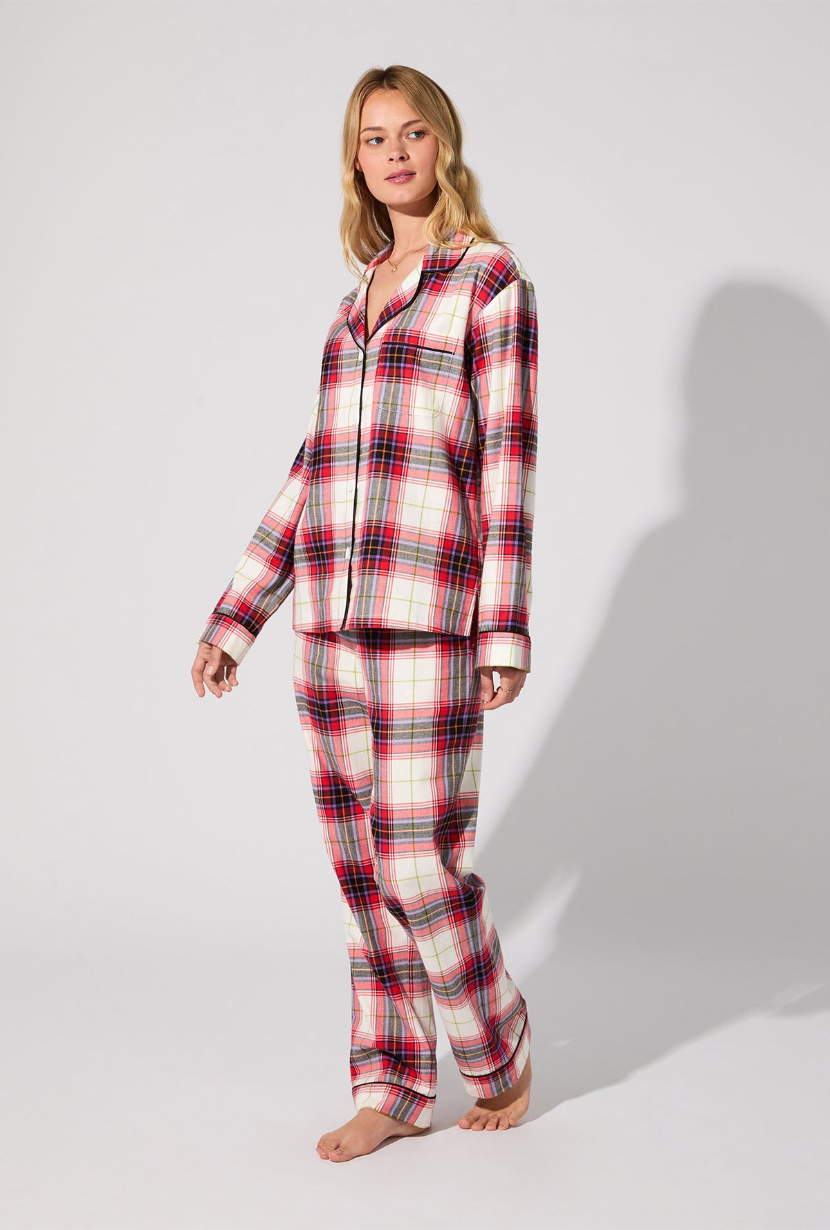 A lady wearing Equestrian Plaid Long Sleeve Classic Woven Portuguese Flannel PJ Set