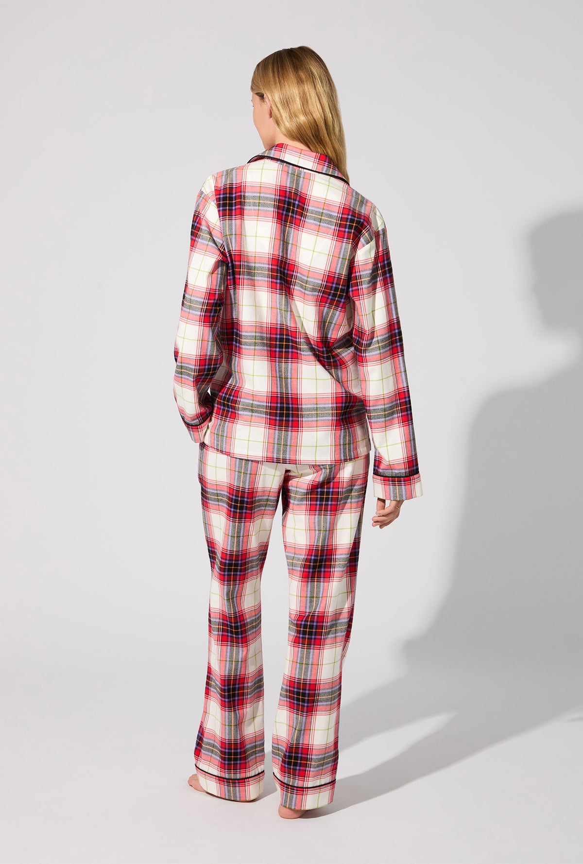 A lady wearing Equestrian Plaid Long Sleeve Classic Woven Portuguese Flannel PJ Set