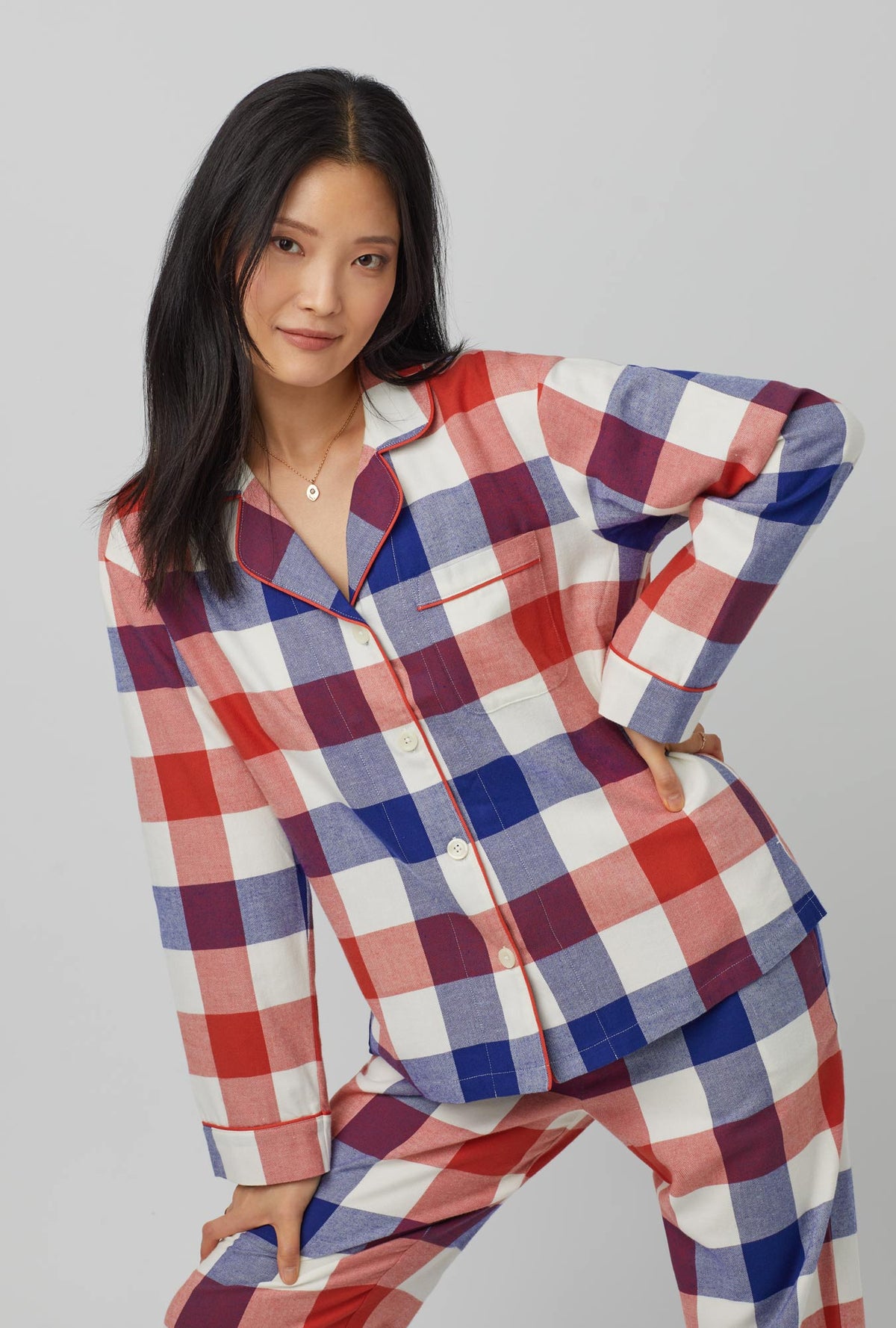 A lady wearing Long Sleeve Classic Woven Portugese Flannel Twill PJ Set with Harvest Plaid print.