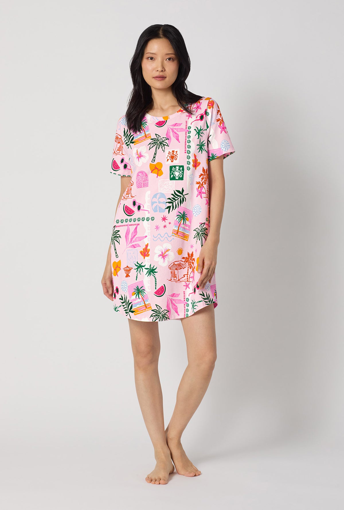 A Lady Wearing Tropical Daydream Stretch Jersey T-shirt Sleep Dress
