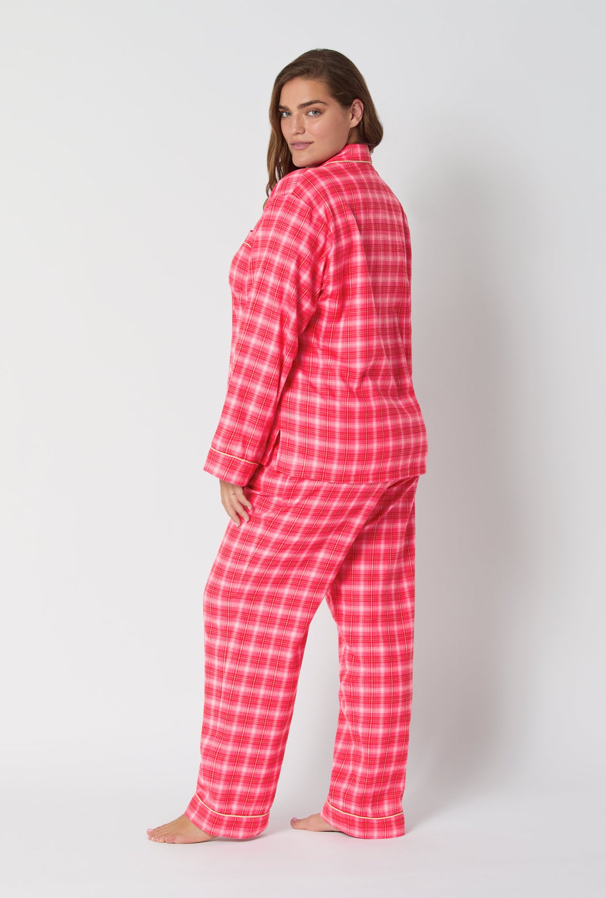 A lady wearing Wonderland Plaid Long Sleeve Classic Woven Portuguese Flannel PJ Set