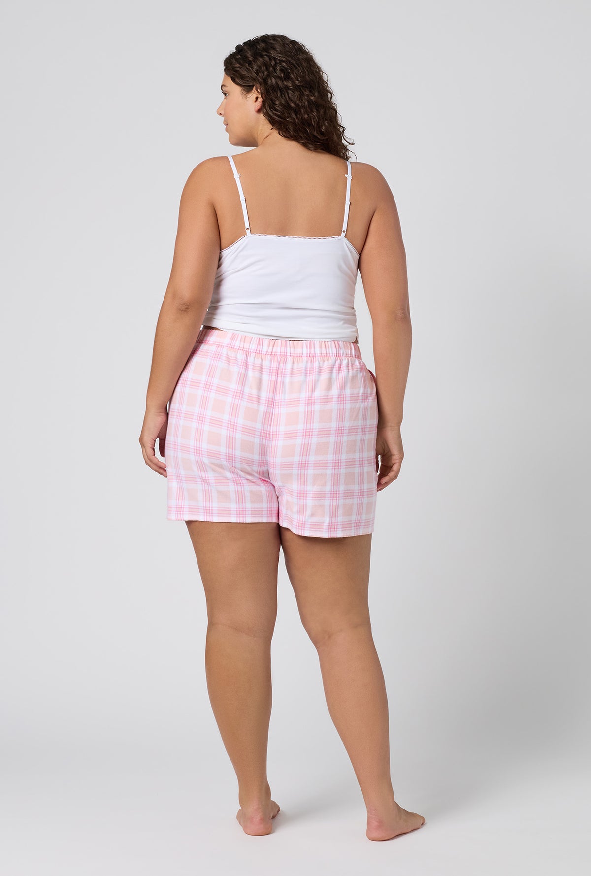 A lady wearing plus size Prairie Plaid Woven Portuguese Flannel Boxer Short back view