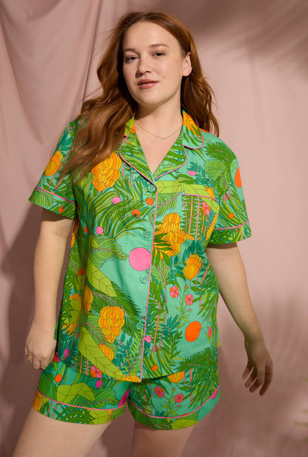 A lady wearing Short Sleeve Classic Shorty Woven Cotton Poplin PJ Set with going bananas print