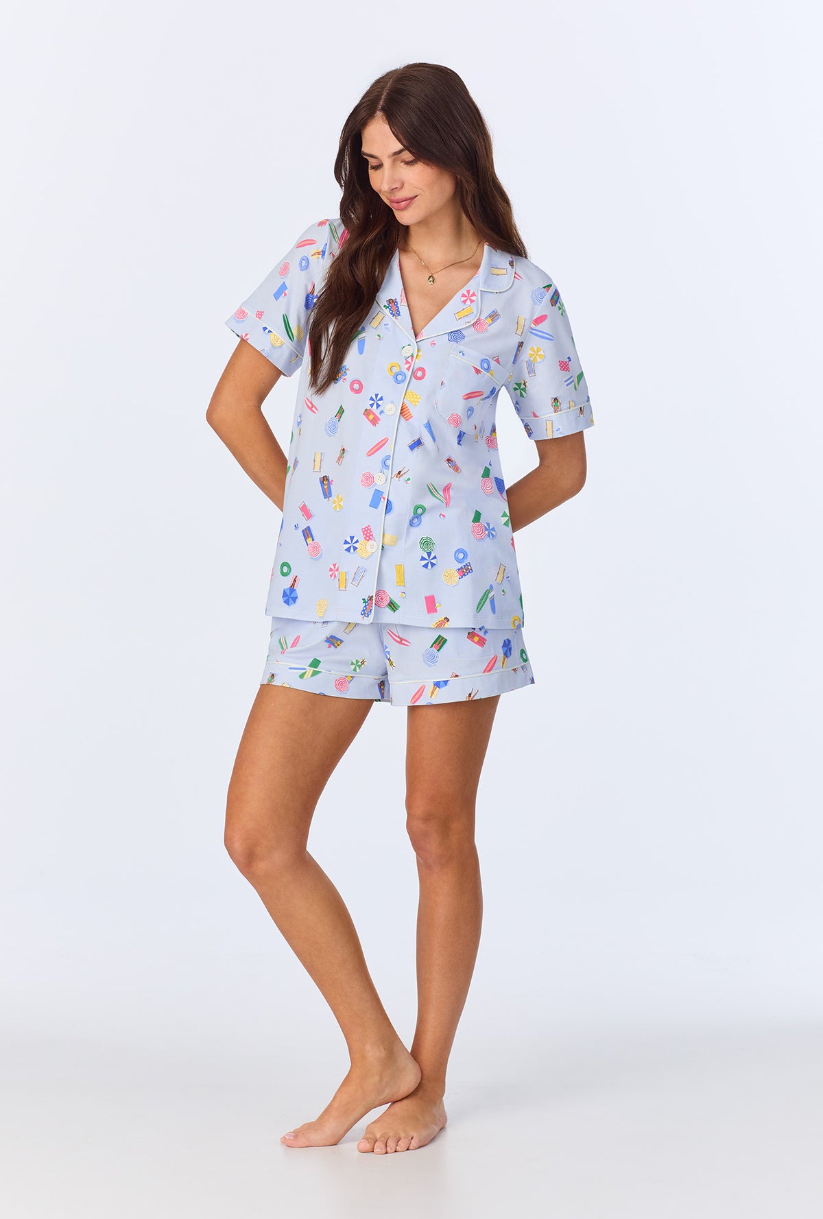 A lady wearing Lifes A Beach Short Sleeve Classic Shorty Stretch Jersey PJ Set