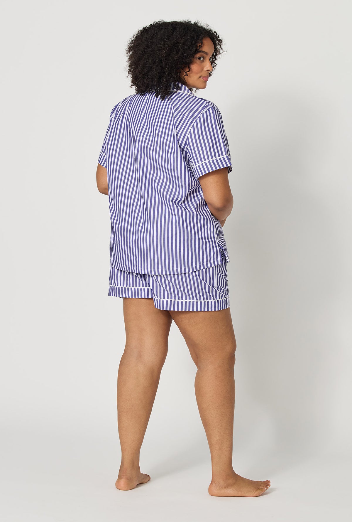 Navy Signature Stripe Short Sleeve Classic Woven Cotton Sateen Shorty PJ Set