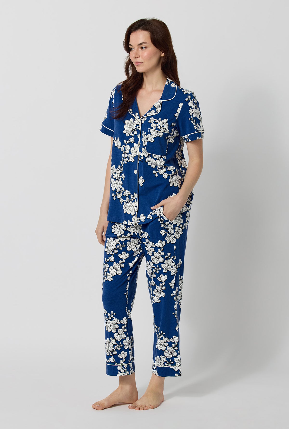 Navy Shadow Blossom Short Sleeve Cropped Stretch Jersey PJ Set