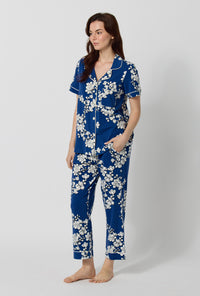Navy Shadow Blossom Short Sleeve Cropped Stretch Jersey PJ Set