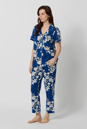Navy Shadow Blossom Short Sleeve Cropped Stretch Jersey PJ Set