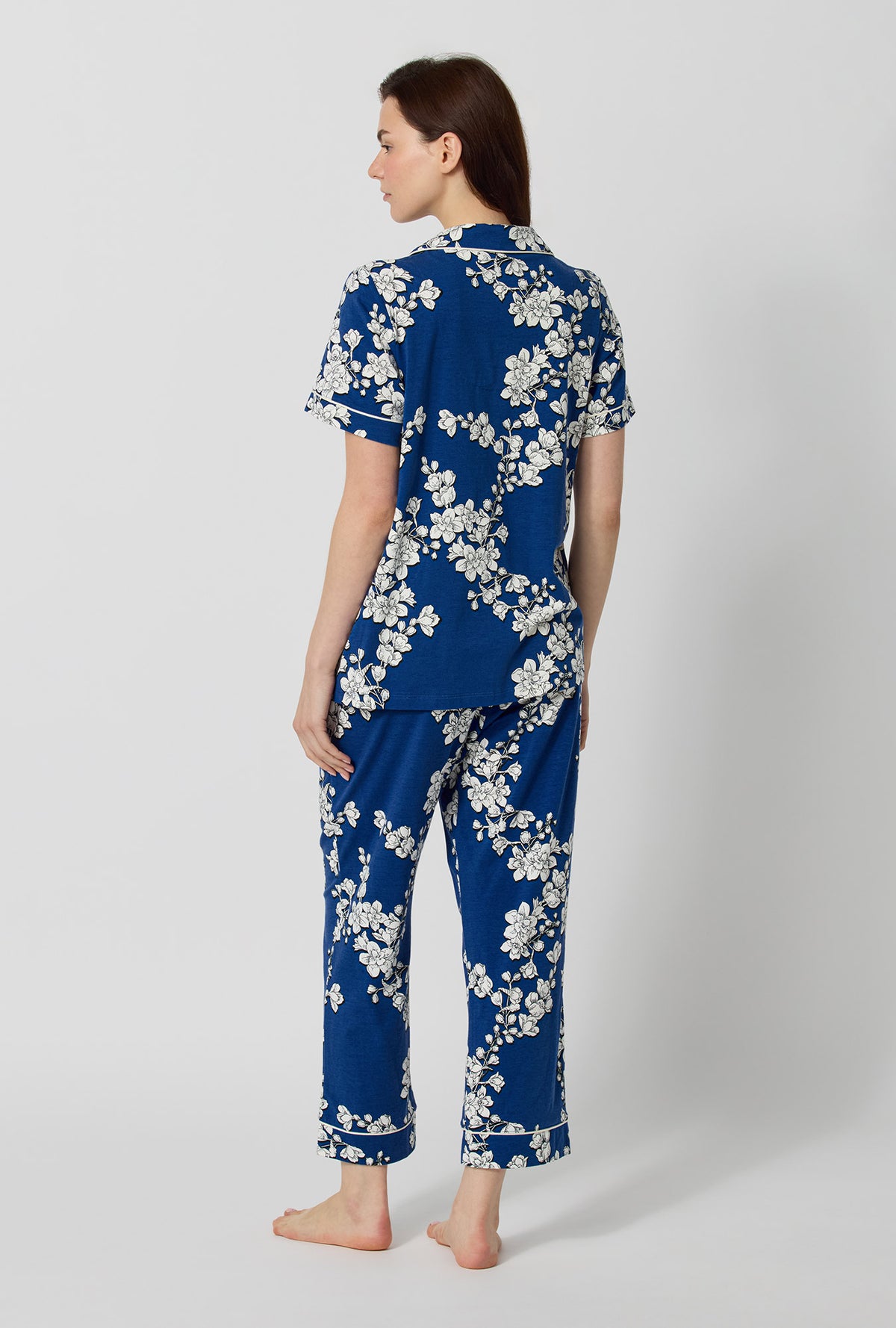 Navy Shadow Blossom Short Sleeve Cropped Stretch Jersey PJ Set