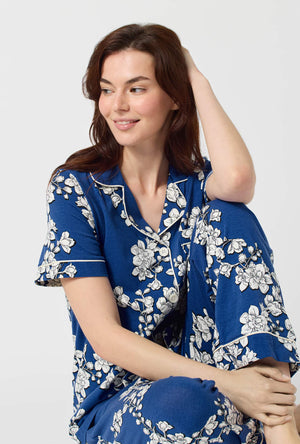 Navy Shadow Blossom Short Sleeve Cropped Stretch Jersey PJ Set