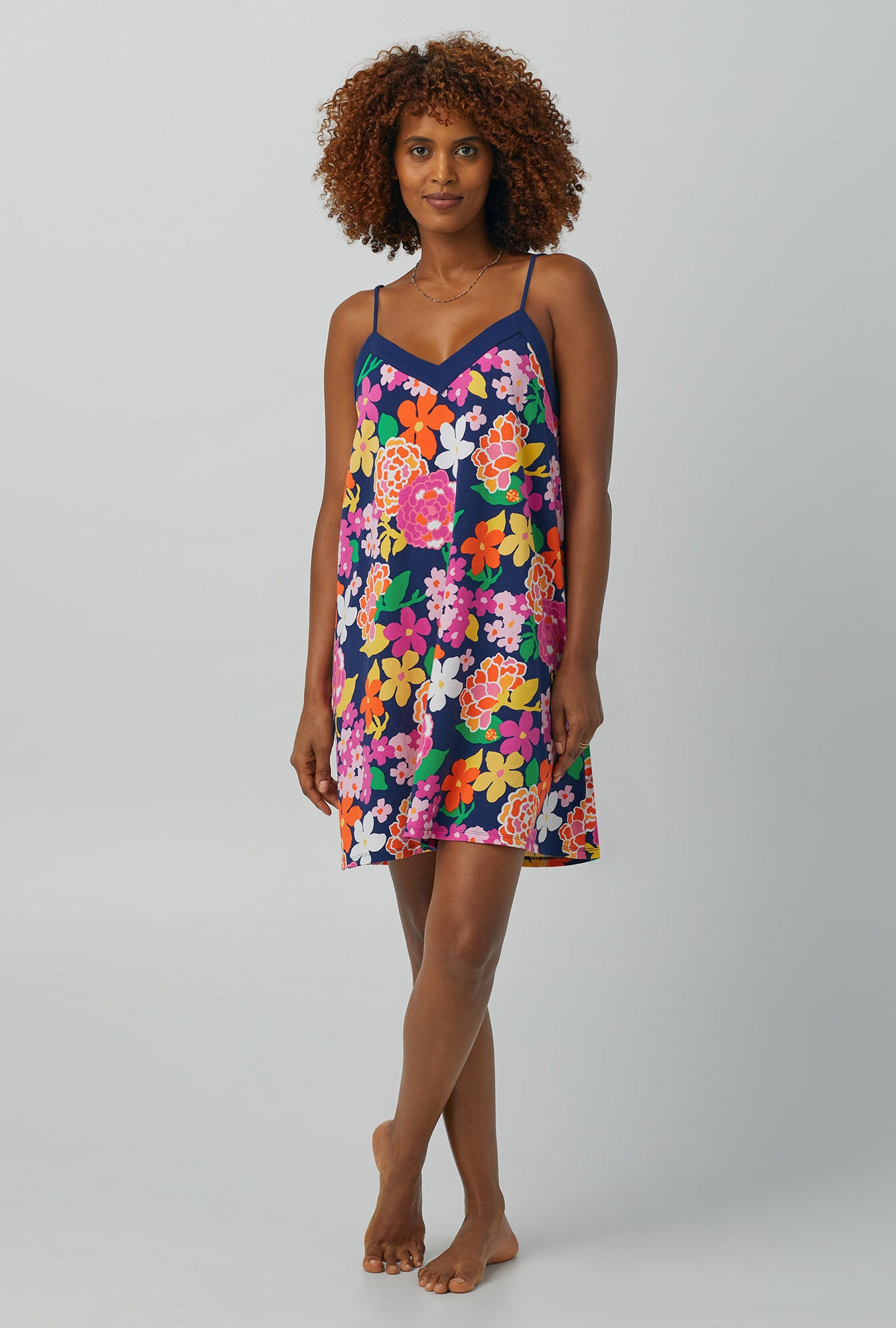 A lady wearing Stretch Jersey Chemise with greenhouse floral print