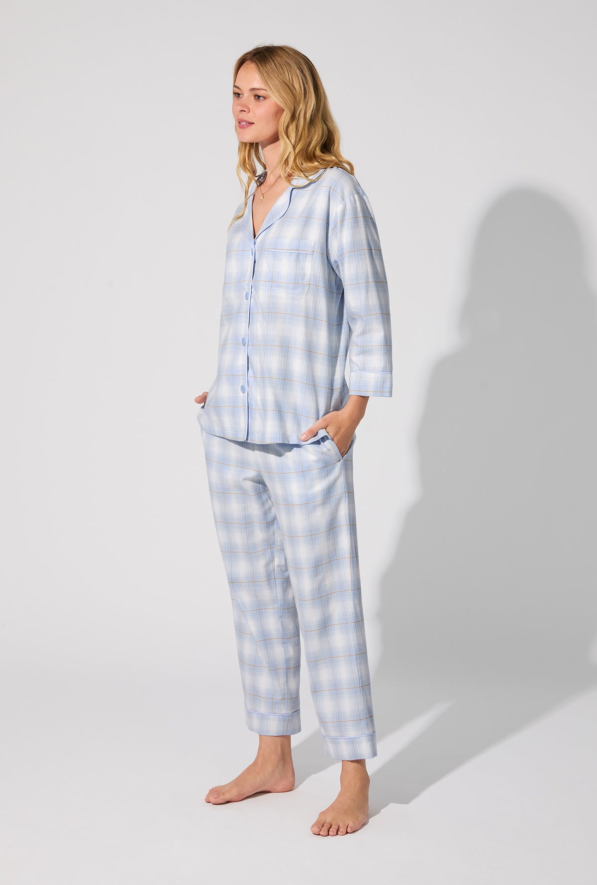A lady wearing Blue Mountain Plaid 3/4 Sleeve Classic Woven Portuguese Flannel Cropped PJ Set
