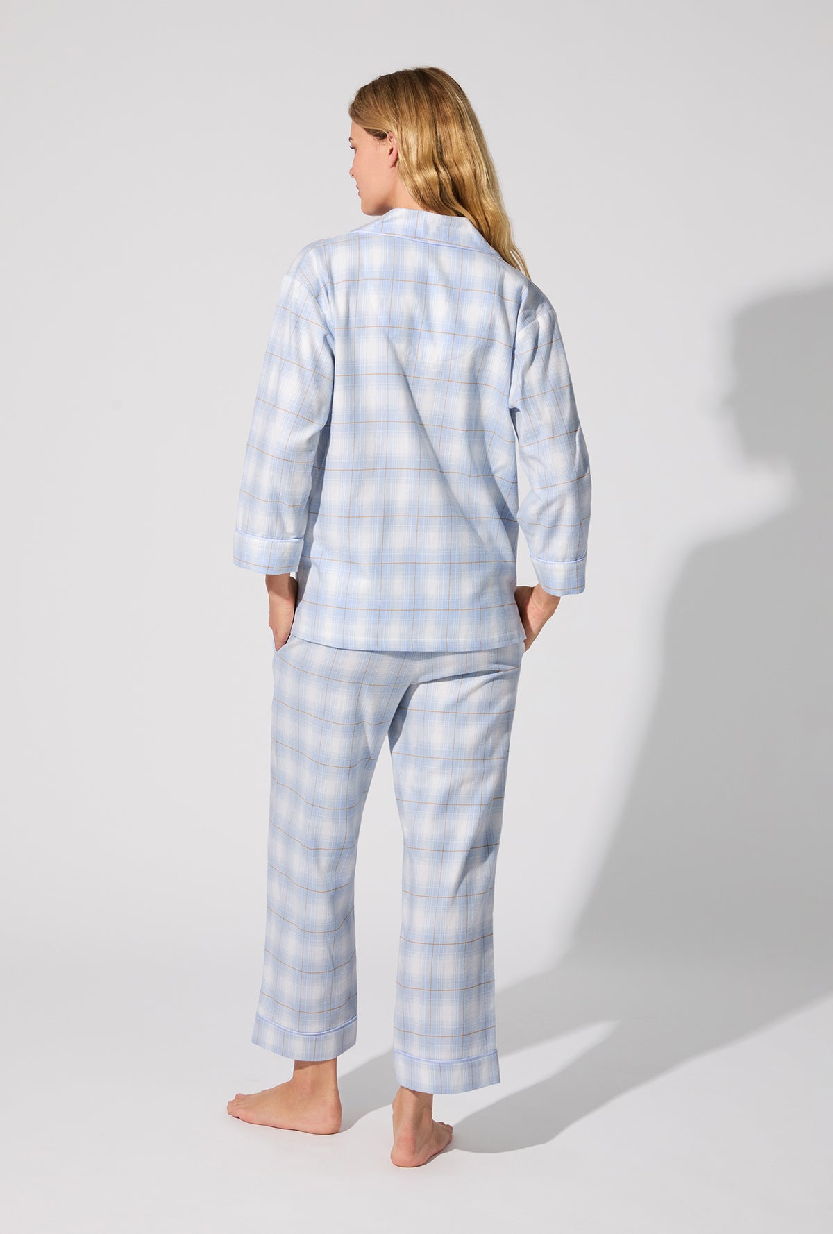 A lady wearing Blue Mountain Plaid 3/4 Sleeve Classic Woven Portuguese Flannel Cropped PJ Set