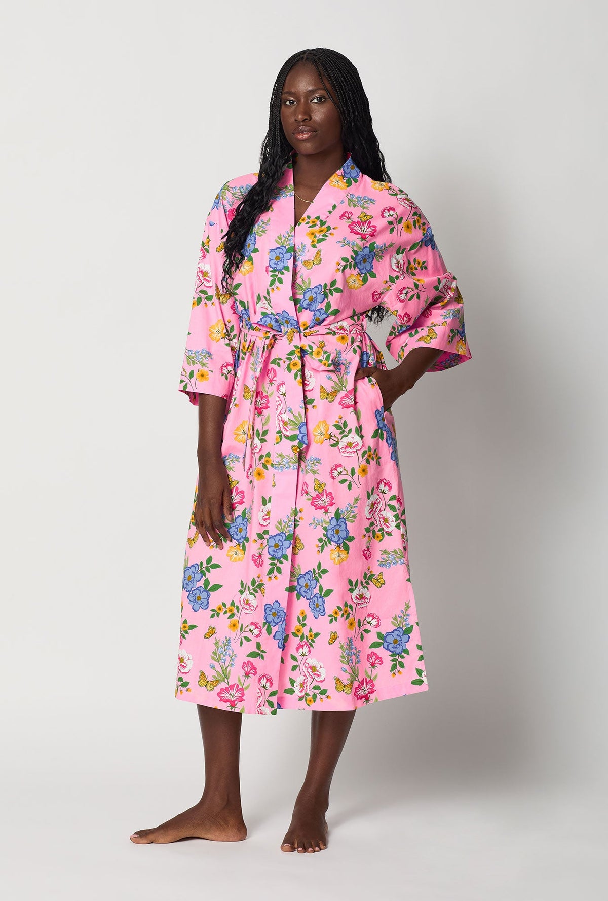 A lady wearing Pink Woven Cotton Poplin Kimono Robe front view
