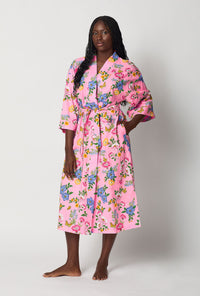 A lady wearing Pink Woven Cotton Poplin Kimono Robe front view