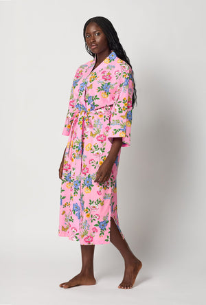 A lady wearing Pink Woven Cotton Poplin Kimono Robe side view