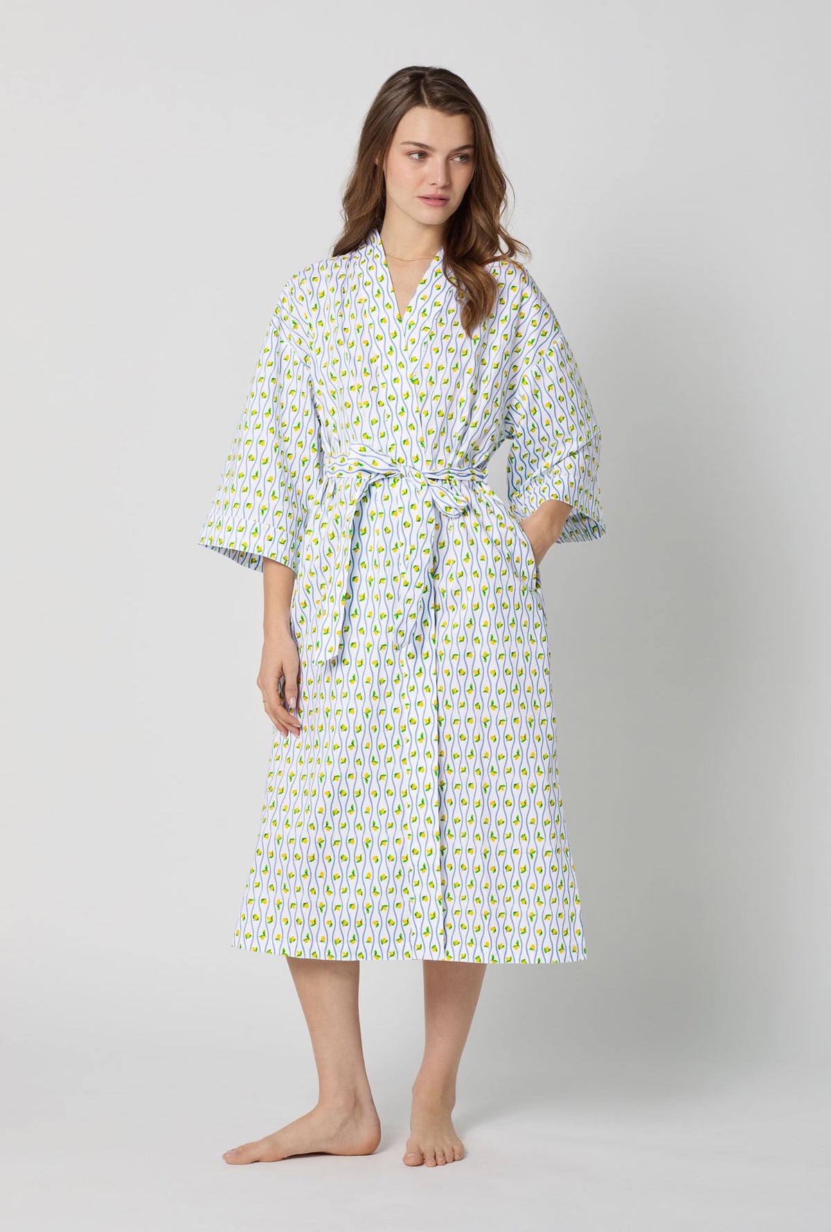 A lady wearing White Woven Cotton Poplin Kimono Robe front view