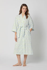A lady wearing White Woven Cotton Poplin Kimono Robe front view