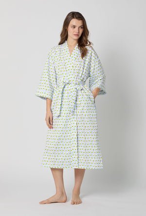 A lady wearing White Woven Cotton Poplin Kimono Robe front view