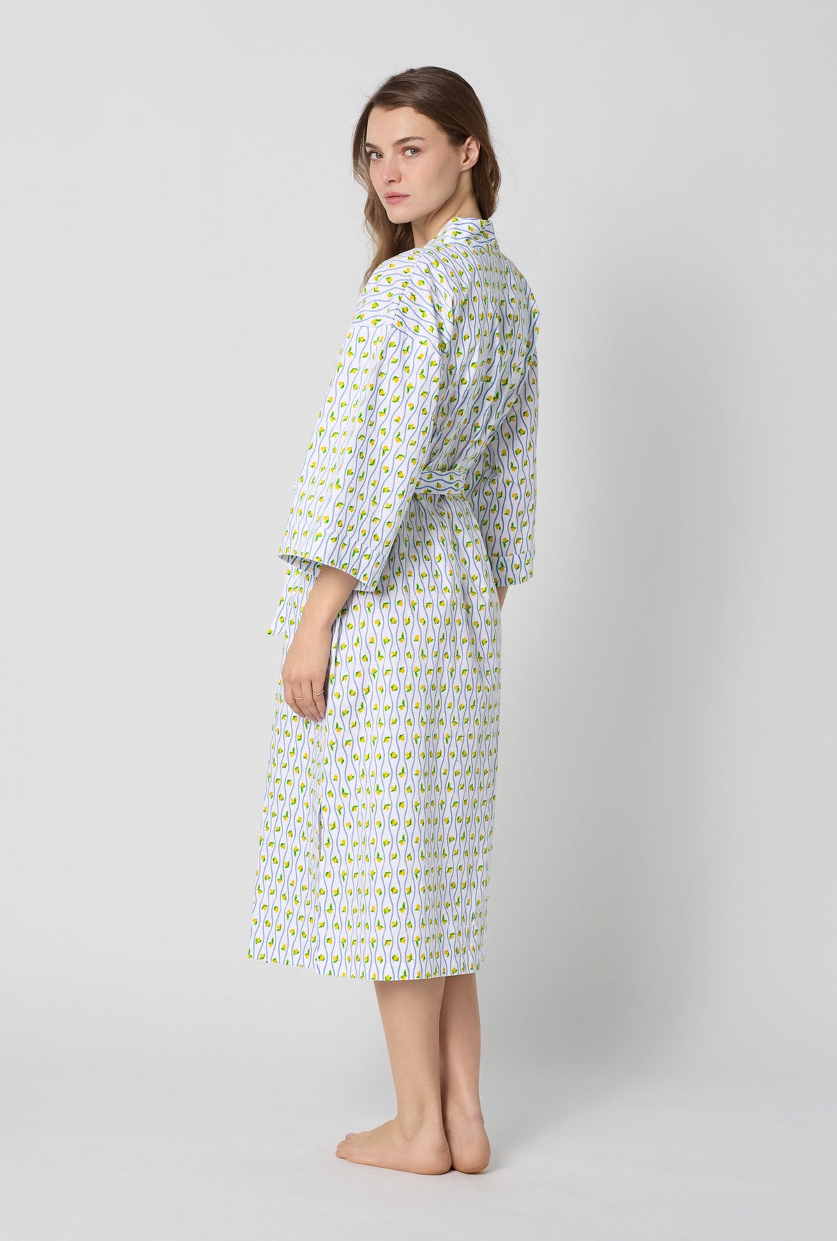 A lady wearing White Woven Cotton Poplin Kimono Robe side view