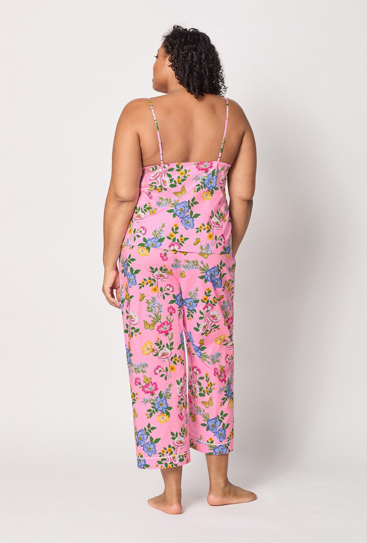 A lady wearing plus size Pink Cami Woven Cotton Poplin Cropped Pj Set back view