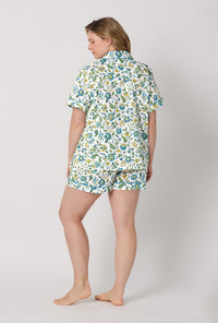 A lady wearing plus size White Short Sleeve Classic Shorty Woven Tana Lawn® PJ Set Made with Liberty Fabric back view