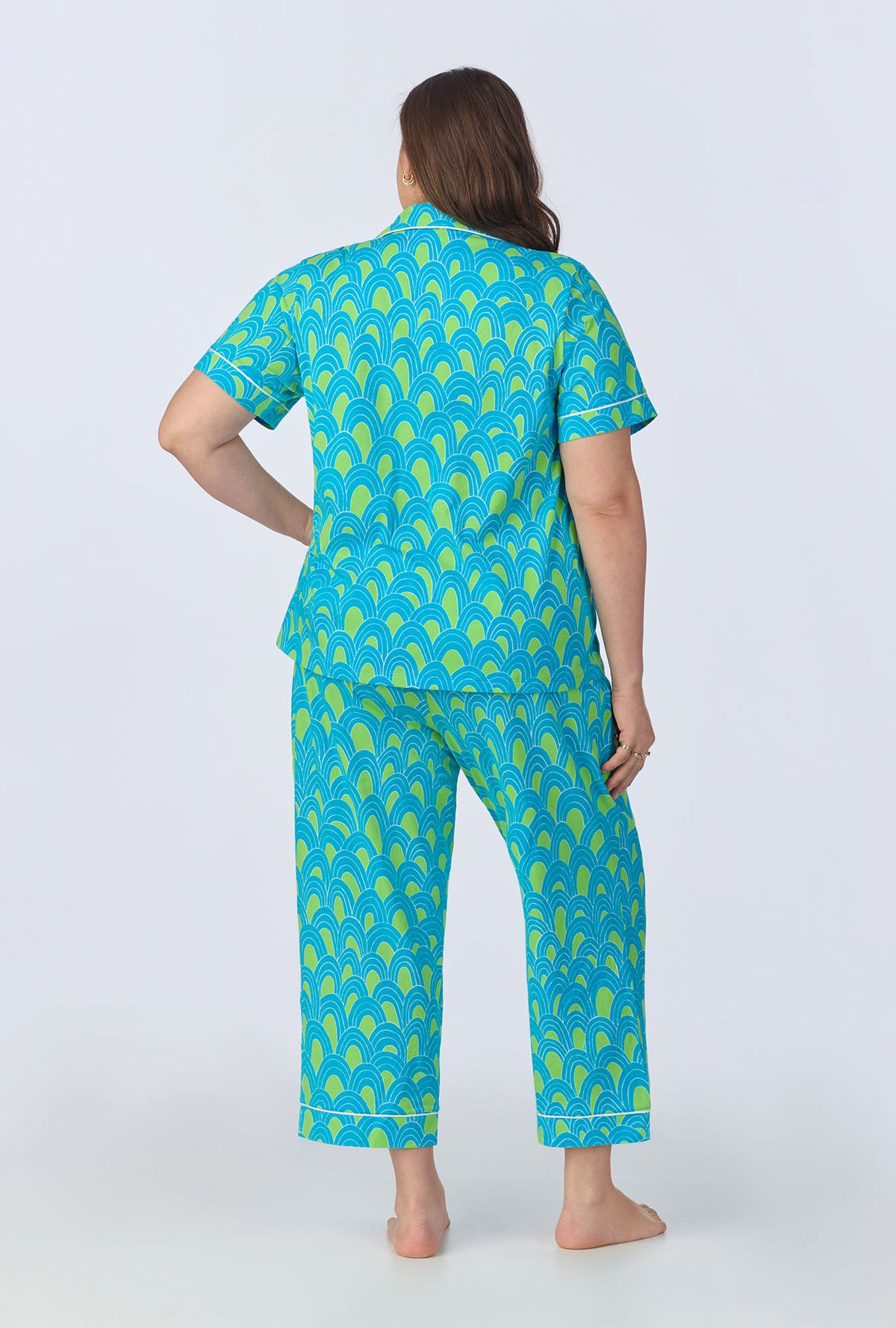 A lady wearing  Geo Arches Short Sleeve Classic Cropped Stretch Jersey PJ Set