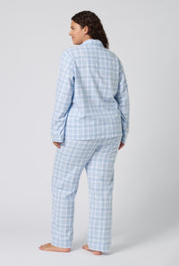 A lady wearing plus size Meadow Haze Plaid Long Sleeve Classic Woven Portuguese Flannel Pj Set  back view