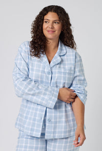 A lady wearing plus size Meadow Haze Plaid Long Sleeve Classic Woven Portuguese Flannel Pj Set closer look