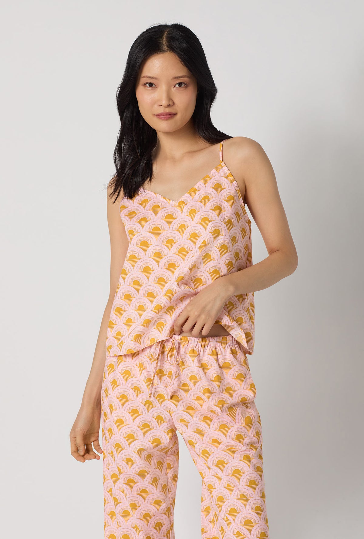A Lady Wearing Deco Sunset Cami Woven Cotton Poplin Cropped Pj Set  posing in a front view look