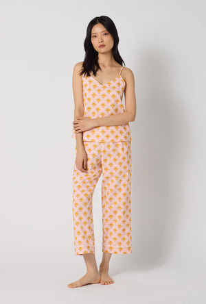 A Lady Wearing Deco Sunset Cami Woven Cotton Poplin Cropped Pj Set