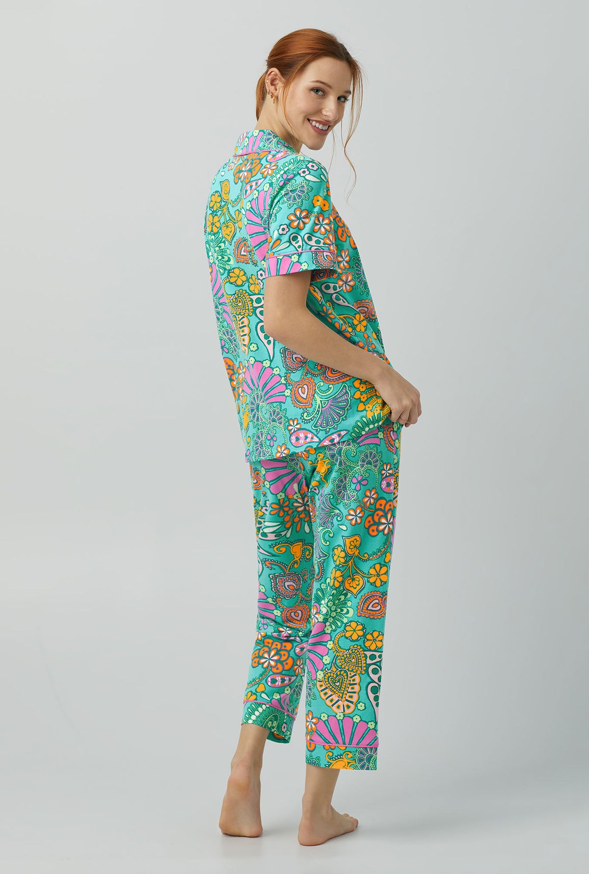A lady wearing Short Sleeve Classic Stretch Jersey Cropped PJ Set with Nandini print
