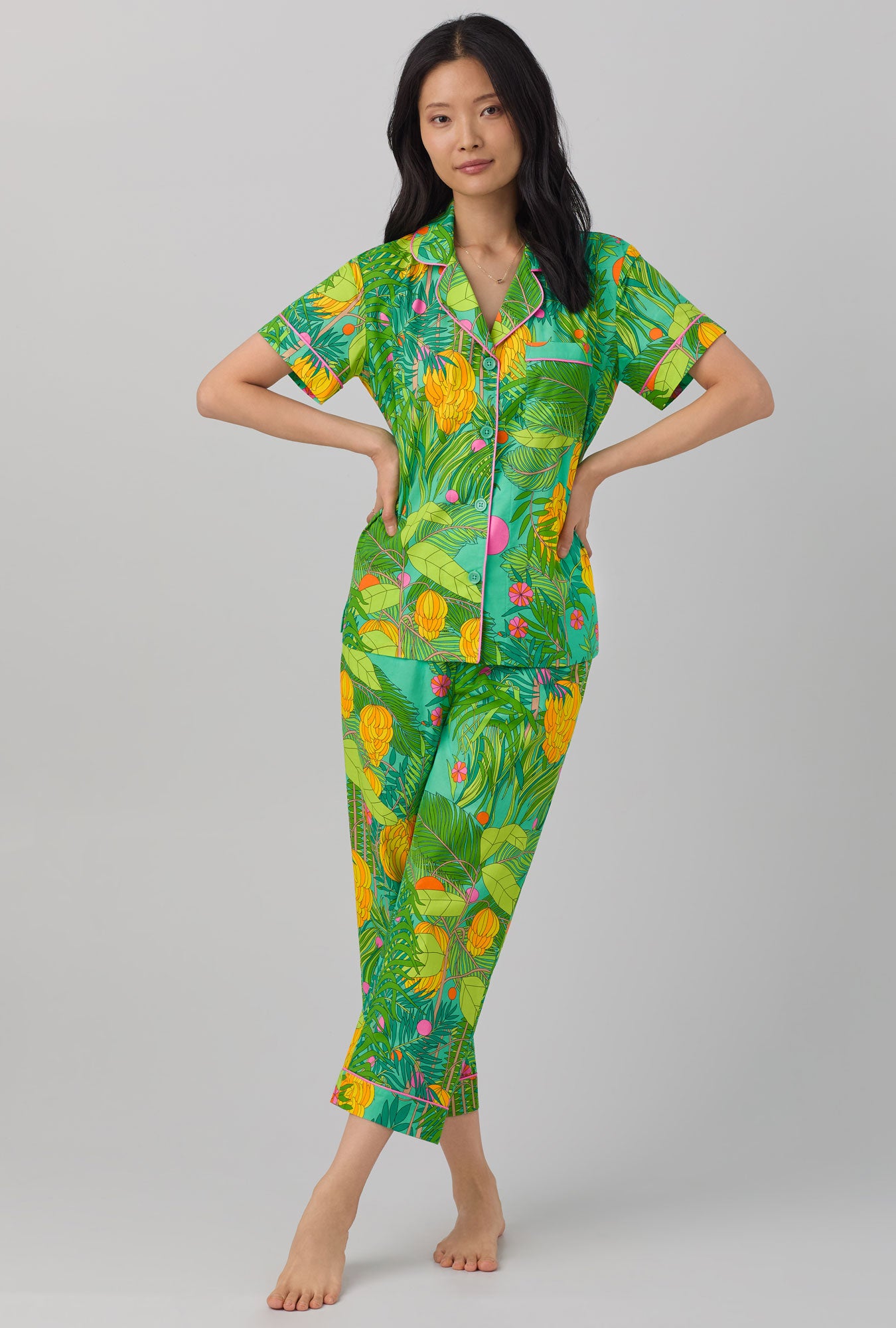 A lady wearing Short Sleeve Classic Woven Cotton Poplin Cropped PJ Set with going bananas print