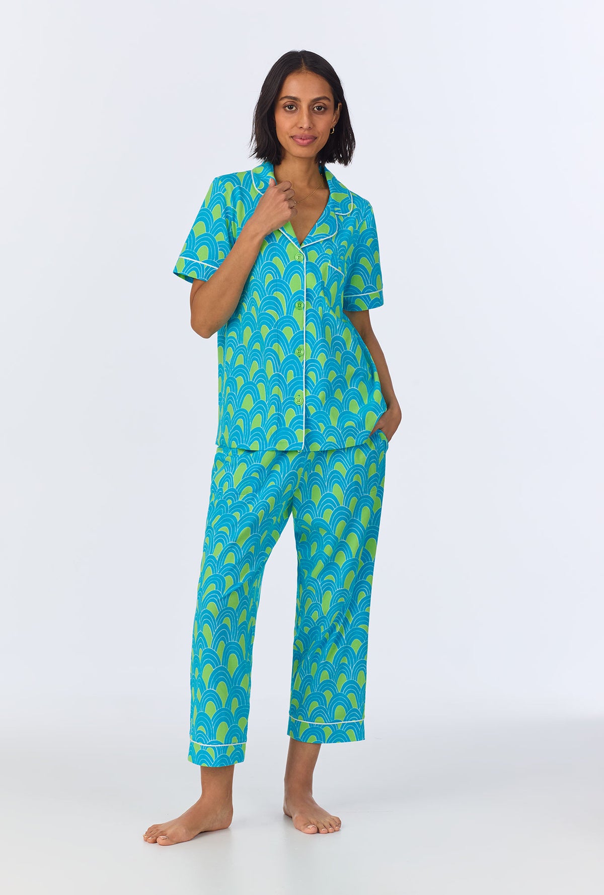 A lady wearing  Geo Arches Short Sleeve Classic Cropped Stretch Jersey PJ Set