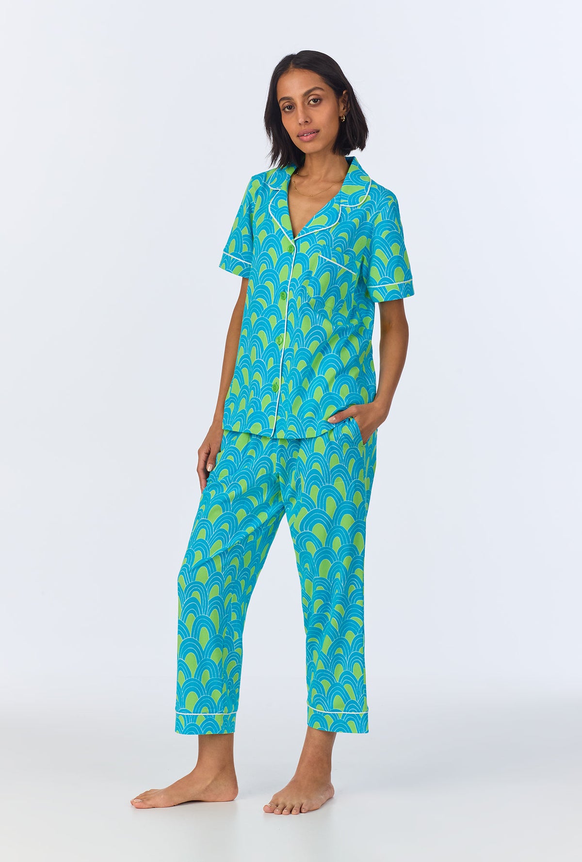 A lady wearing  Geo Arches Short Sleeve Classic Cropped Stretch Jersey PJ Set