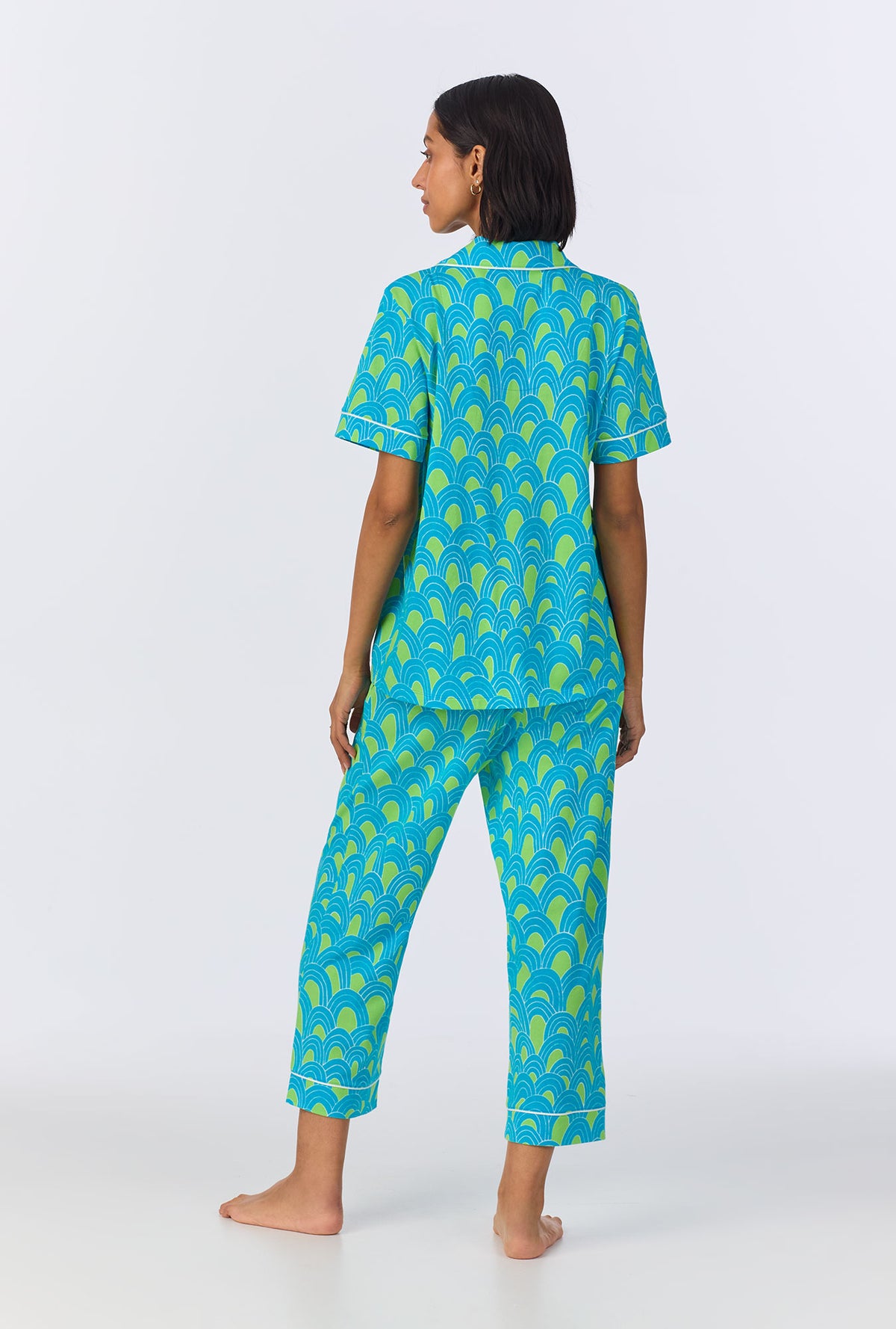 A lady wearing  Geo Arches Short Sleeve Classic Cropped Stretch Jersey PJ Set