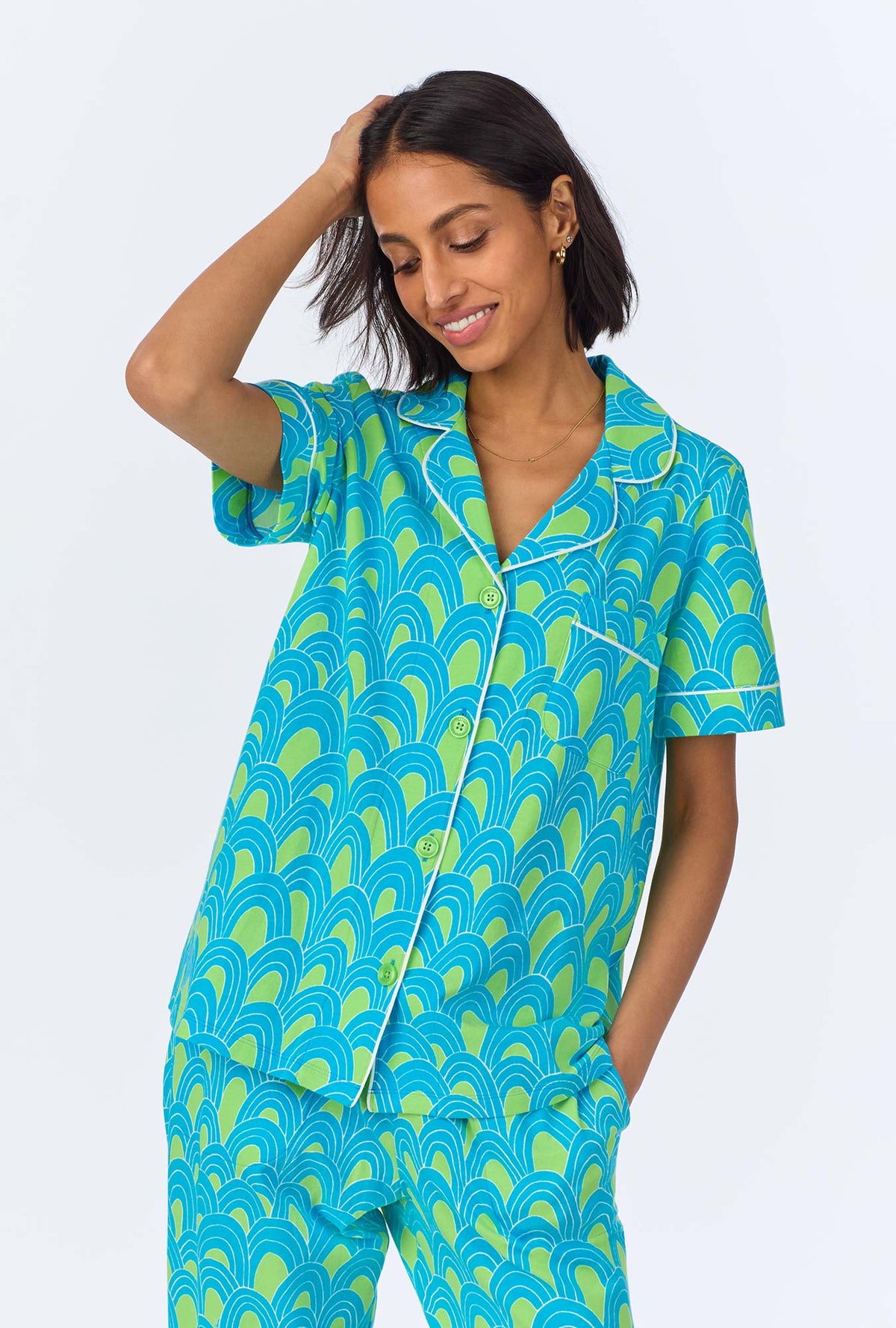 A lady wearing  Geo Arches Short Sleeve Classic Cropped Stretch Jersey PJ Set