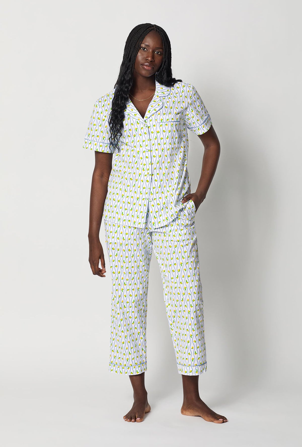 A lady wearing White Short Sleeve Classic Woven Cotton Poplin Cropped Pj Set front view