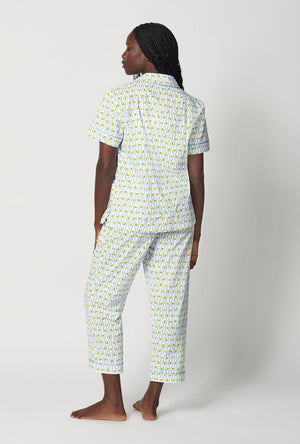 A lady wearing White Short Sleeve Classic Woven Cotton Poplin Cropped Pj Set back view