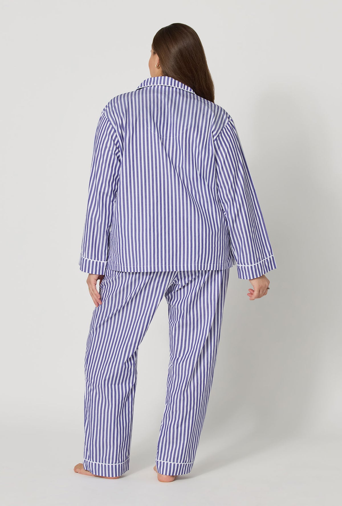 Navy Signature Stripe Long Sleeve Classic Woven Cotton Sateen Long PJ Set
