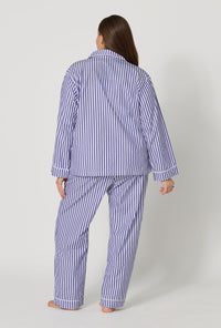 Navy Signature Stripe Long Sleeve Classic Woven Cotton Sateen Long PJ Set