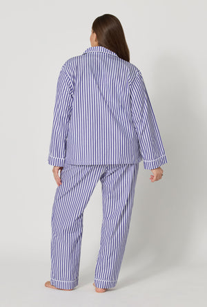 Navy Signature Stripe Long Sleeve Classic Woven Cotton Sateen Long PJ Set