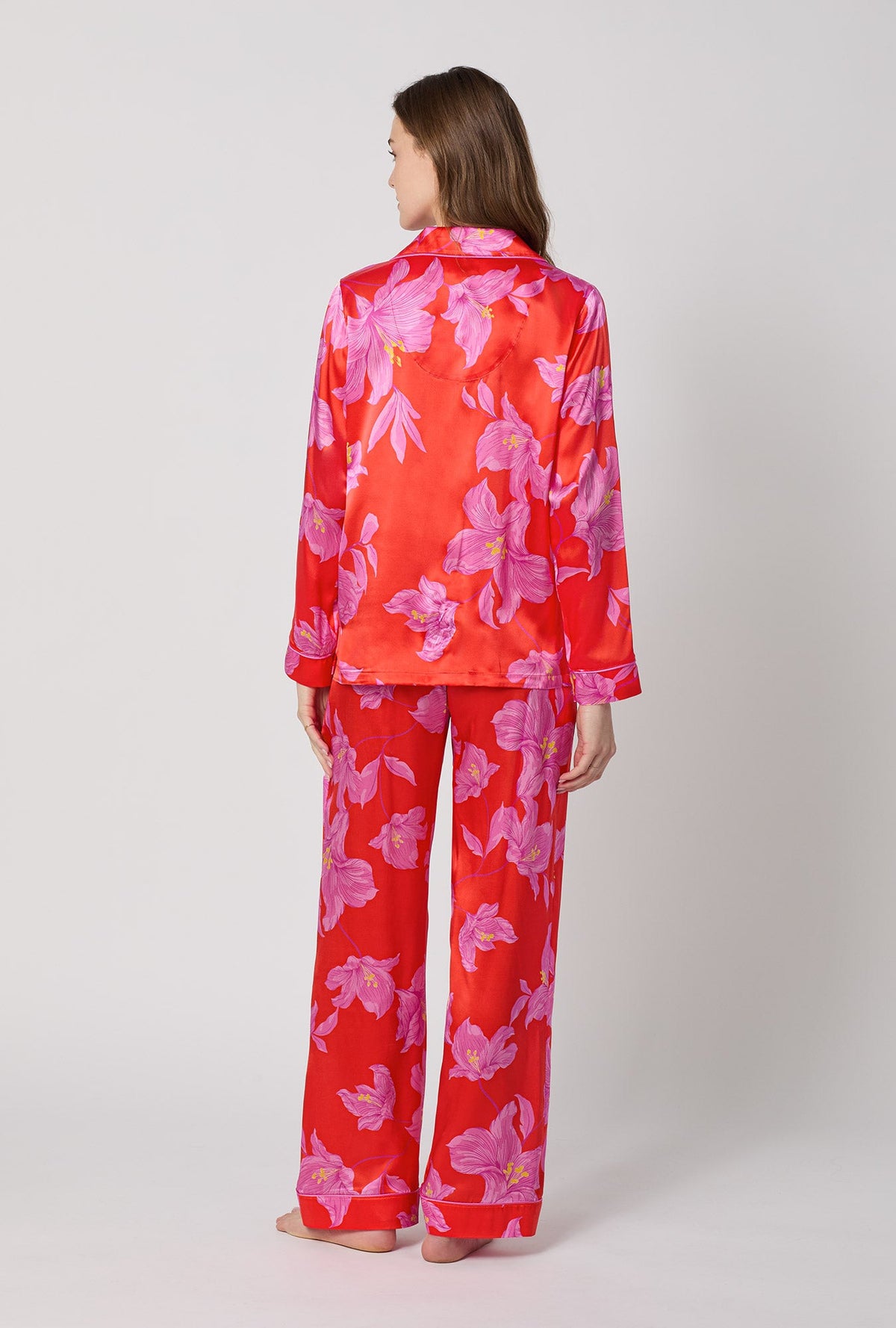 A lady wearing Red Long Sleeve Classic Washable Silk Pj Set back view