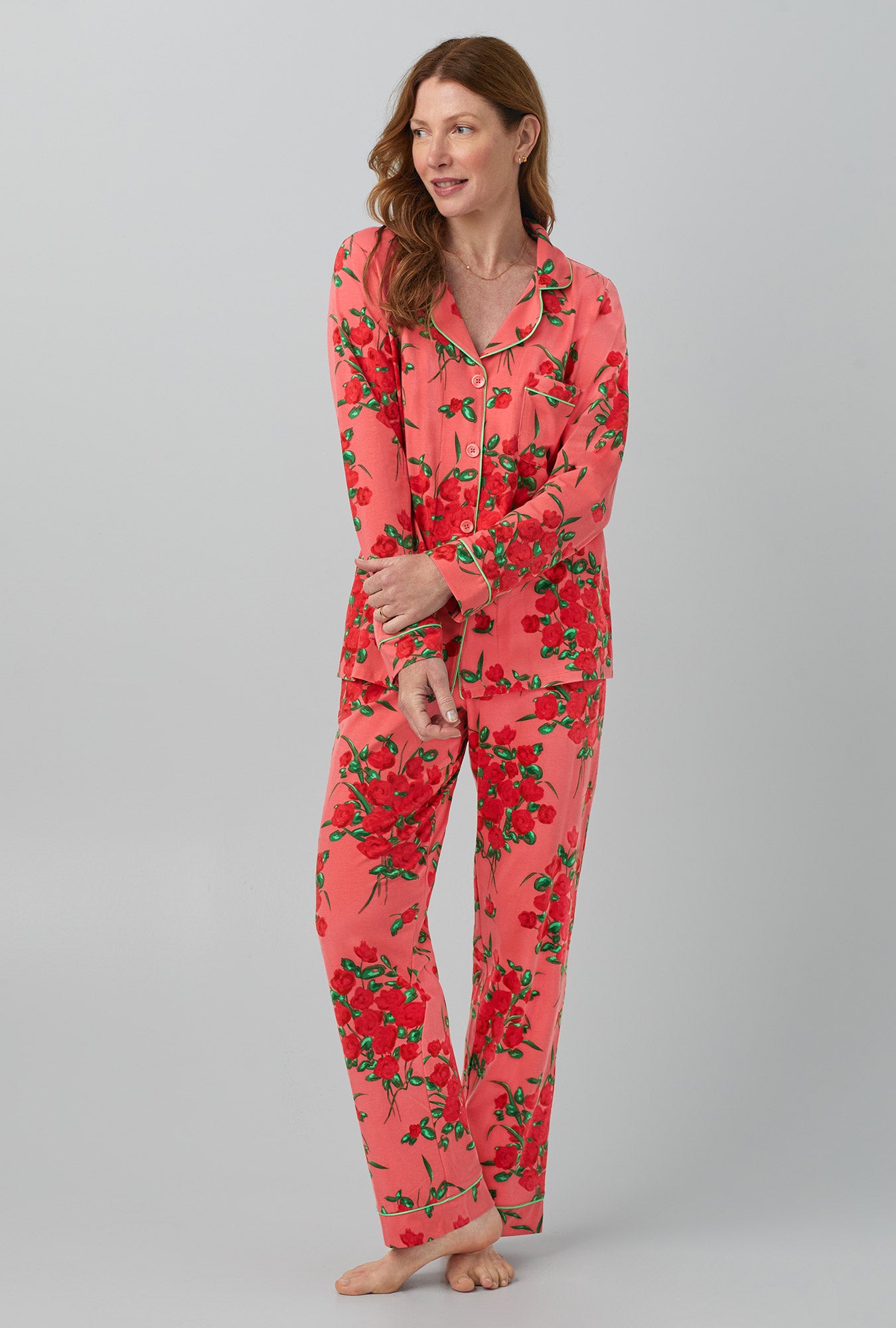 A lady wearing By The Dozen Long Sleeve Classic Stretch Jersey PJ Set