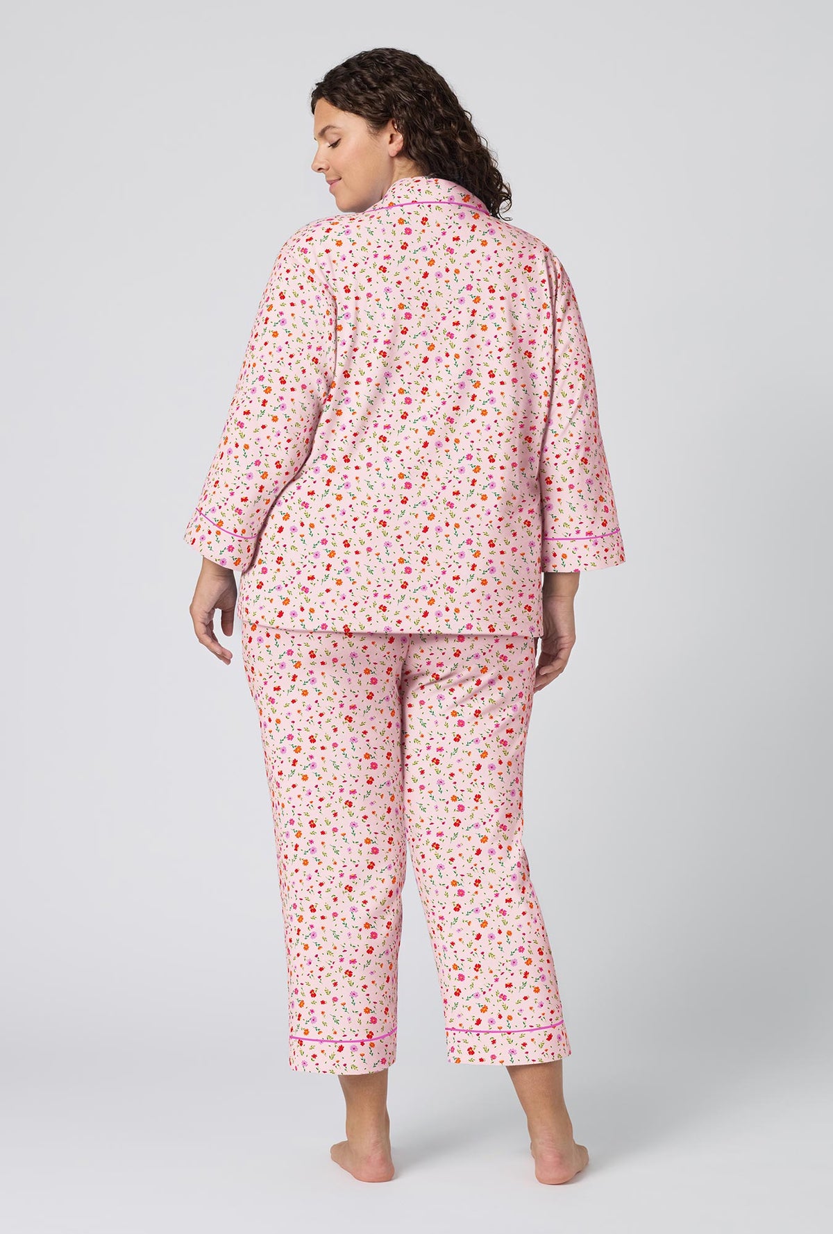 A lady wearing plus size Blushwood 3/4 Sleeve Classic Woven Portuguese Flannel Cropped Pj Set back view