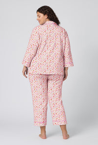 A lady wearing plus size Blushwood 3/4 Sleeve Classic Woven Portuguese Flannel Cropped Pj Set back view