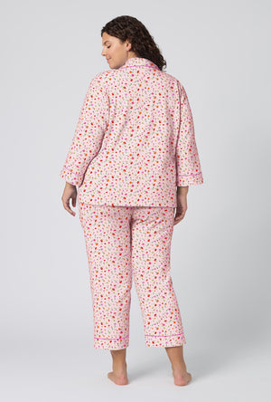 A lady wearing plus size Blushwood 3/4 Sleeve Classic Woven Portuguese Flannel Cropped Pj Set back view