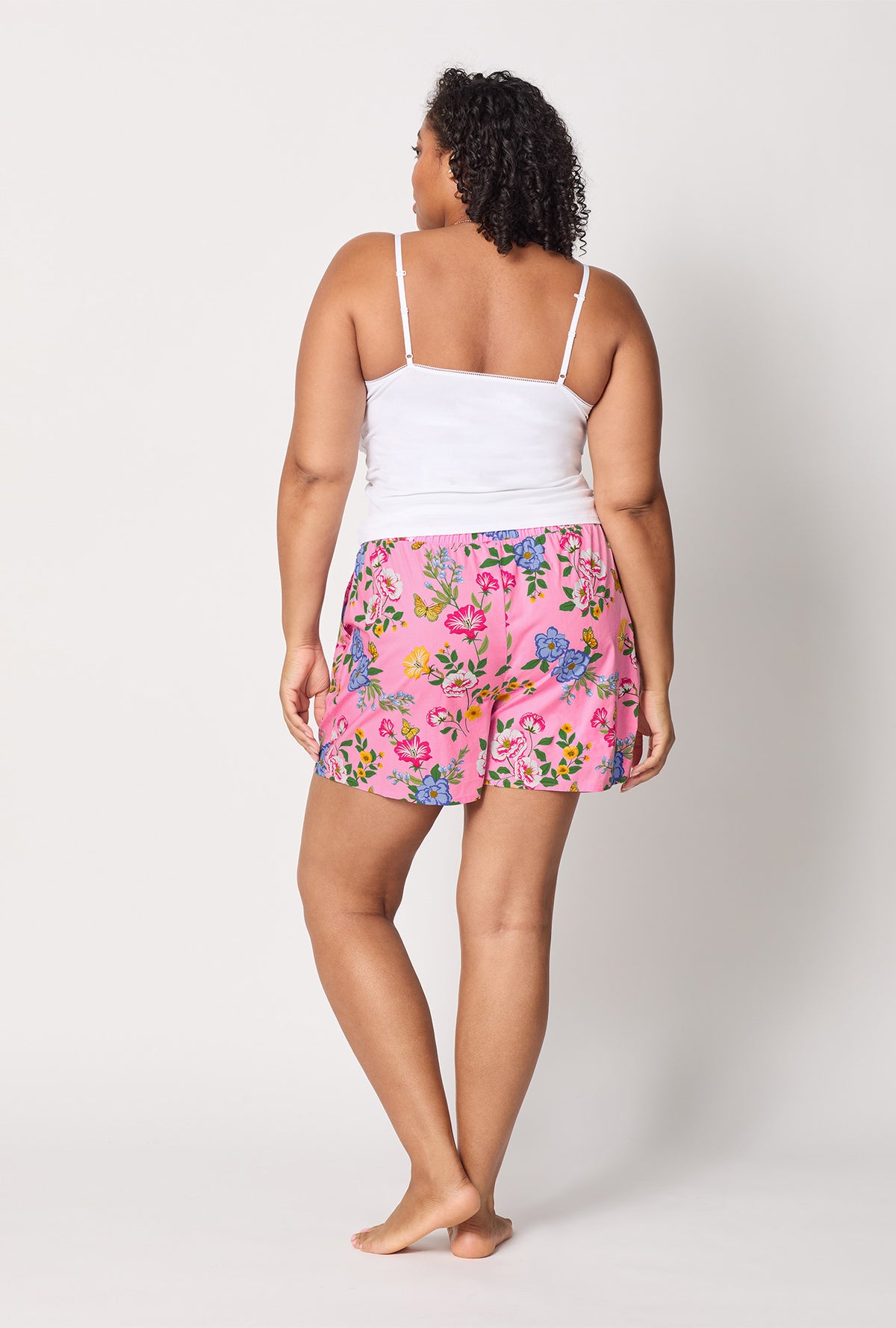 A lady wearing Pink Woven Cotton Poplin plus size Boxer Short back view