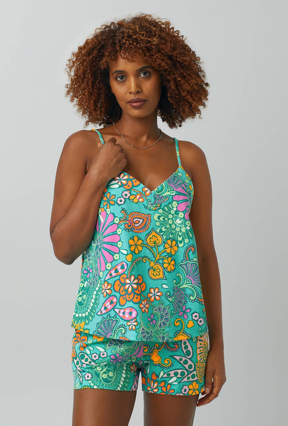 A lady wearing Cami Stretch Jersey Shorty PJ Set with nandini print