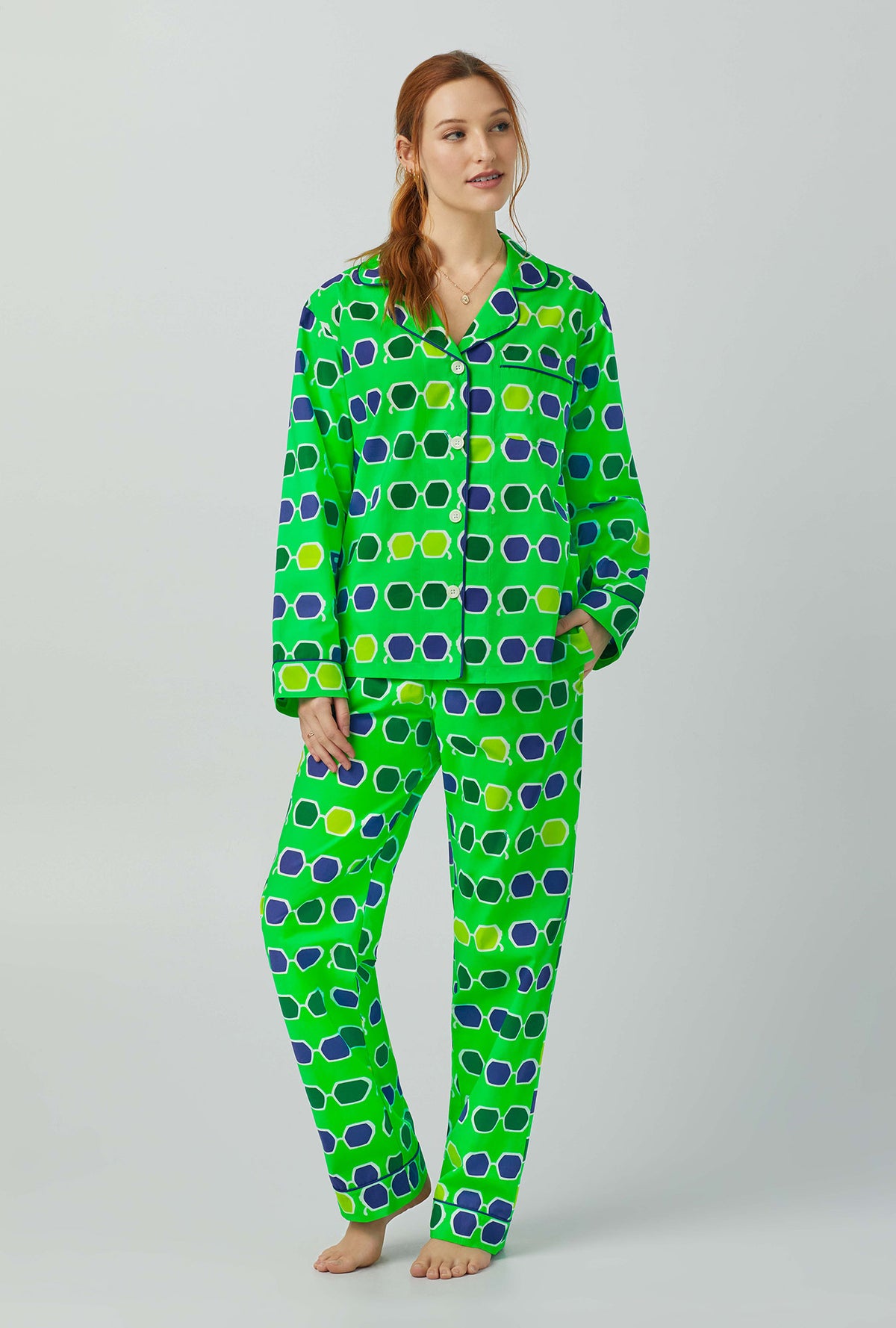 A lady wearing green  Long Sleeve  Classic Shorty Stretch Jersey PJ Set with sunglasses print